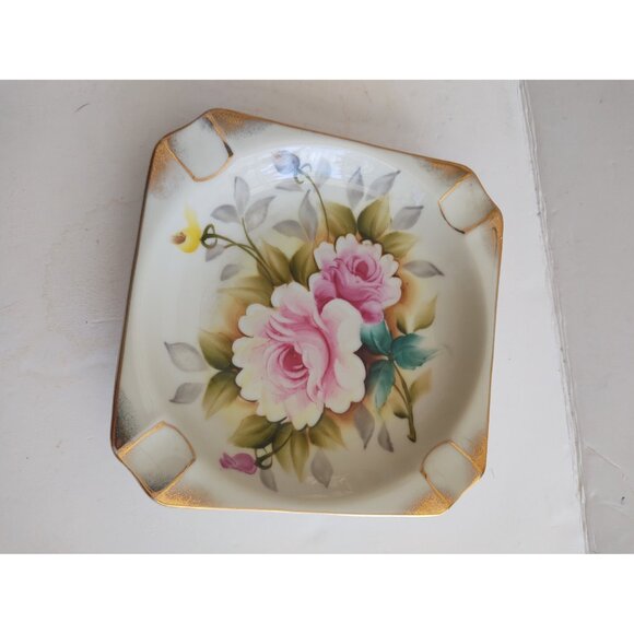 Vintage Japanese Hand Painted Porcelain Ashtray/Candy Dish "Wild Rose" 6 5/8" - Picture 2 of 11